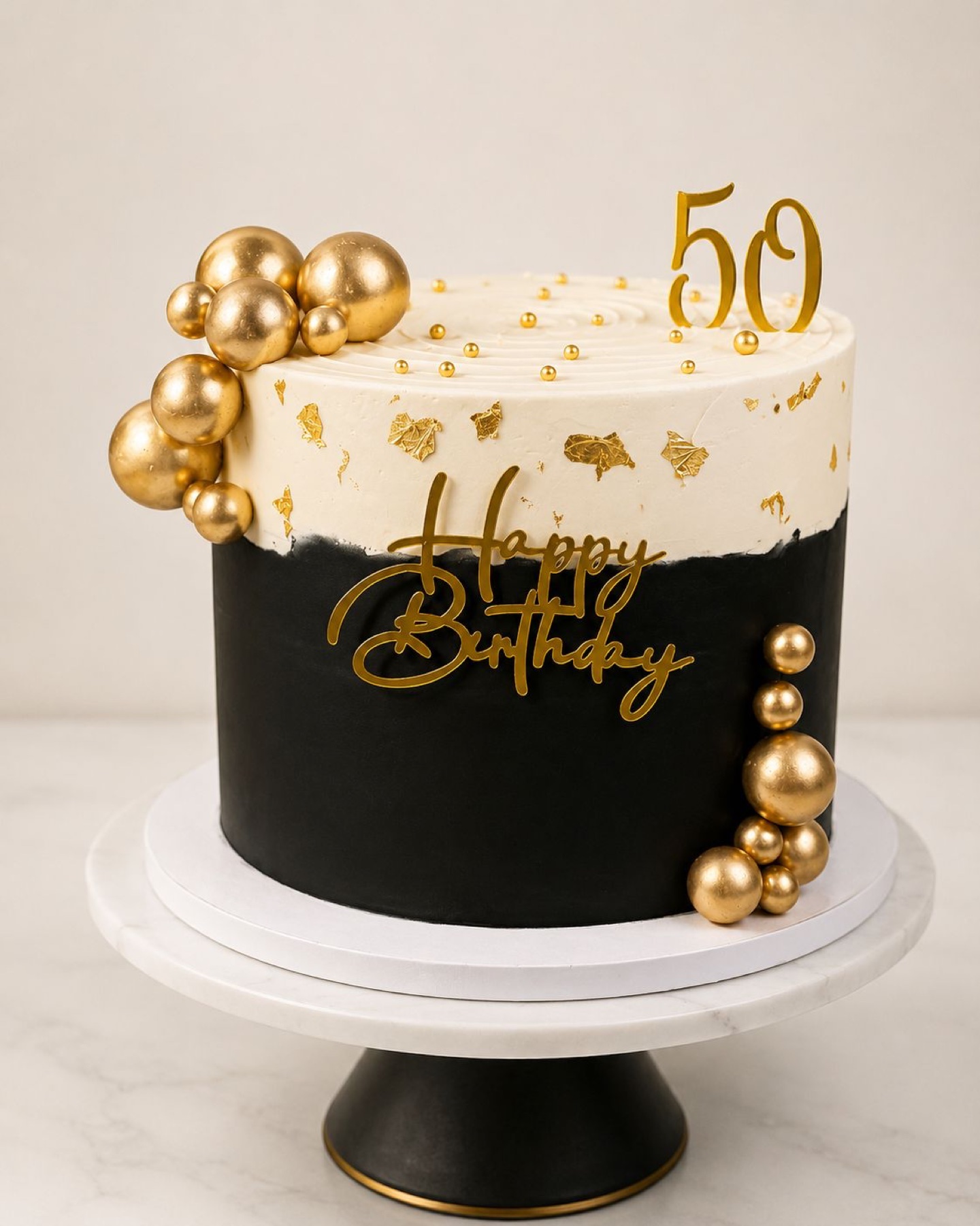 Black and ivory gold birthday cake